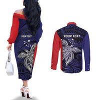 Personalised PNG Central Province Couples Matching Off The Shoulder Long Sleeve Dress and Long Sleeve Button Shirt Bird of Paradise Tattoo Flag Motif - Polynesian Pride