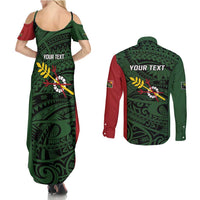 Personalised PNG Chimbu Province Couples Matching Summer Maxi Dress and Long Sleeve Button Shirt Bird of Paradise Tattoo Flag Motif - Polynesian Pride