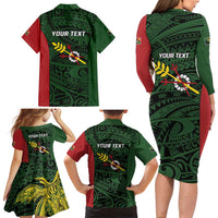 Personalised PNG Chimbu Province Family Matching Long Sleeve Bodycon Dress and Hawaiian Shirt Bird of Paradise Tattoo Flag Motif - Polynesian Pride