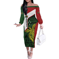 Personalised PNG Chimbu Province Family Matching Off The Shoulder Long Sleeve Dress and Hawaiian Shirt Bird of Paradise Tattoo Flag Motif - Polynesian Pride