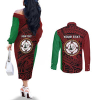 Personalised PNG East New Britain Province Couples Matching Off The Shoulder Long Sleeve Dress and Long Sleeve Button Shirt Bird of Paradise Tattoo Flag Motif - Polynesian Pride