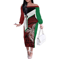 Personalised PNG East New Britain Province Family Matching Off The Shoulder Long Sleeve Dress and Hawaiian Shirt Bird of Paradise Tattoo Flag Motif - Polynesian Pride