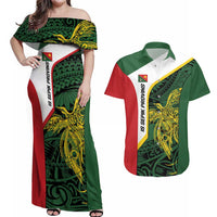Personalised PNG East Sepik Province Couples Matching Off Shoulder Maxi Dress and Hawaiian Shirt Bird of Paradise Tattoo Flag Motif - Polynesian Pride
