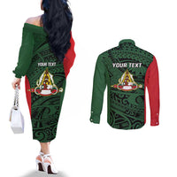 Personalised PNG East Sepik Province Couples Matching Off The Shoulder Long Sleeve Dress and Long Sleeve Button Shirt Bird of Paradise Tattoo Flag Motif LT9 - Polynesian Pride