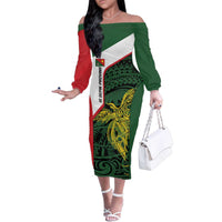 Personalised PNG East Sepik Province Family Matching Off The Shoulder Long Sleeve Dress and Hawaiian Shirt Bird of Paradise Tattoo Flag Motif - Polynesian Pride