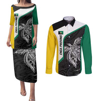 Personalised PNG Enga Province Couples Matching Puletasi and Long Sleeve Button Shirt Bird of Paradise Tattoo Flag Motif LT9 Green - Polynesian Pride