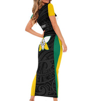 Personalised PNG Enga Province Short Sleeve Bodycon Dress Bird of Paradise Tattoo Flag Motif - Polynesian Pride