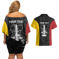 Personalised PNG Madang Province Couples Matching Off Shoulder Short Dress and Hawaiian Shirt Bird of Paradise Tattoo Flag Motif - Polynesian Pride