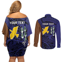 Personalised PNG Manus Province Couples Matching Off Shoulder Short Dress and Long Sleeve Button Shirt Bird of Paradise Tattoo Flag Motif - Polynesian Pride