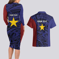 Personalised PNG Milne Bay Province Couples Matching Long Sleeve Bodycon Dress and Hawaiian Shirt Bird of Paradise Tattoo Flag Motif - Polynesian Pride