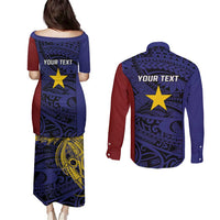 Personalised PNG Milne Bay Province Couples Matching Puletasi and Long Sleeve Button Shirt Bird of Paradise Tattoo Flag Motif - Polynesian Pride