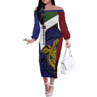 Personalised PNG Milne Bay Province Family Matching Off The Shoulder Long Sleeve Dress and Hawaiian Shirt Bird of Paradise Tattoo Flag Motif - Polynesian Pride