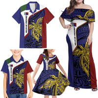 Personalised PNG Milne Bay Province Family Matching Off Shoulder Maxi Dress and Hawaiian Shirt Bird of Paradise Tattoo Flag Motif - Polynesian Pride