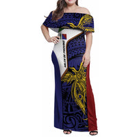 Personalised PNG Milne Bay Province Family Matching Off Shoulder Maxi Dress and Hawaiian Shirt Bird of Paradise Tattoo Flag Motif - Polynesian Pride