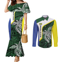 Personalised PNG Morobe Province Couples Matching Mermaid Dress and Long Sleeve Button Shirt Bird of Paradise Tattoo Flag Motif LT9 Green - Polynesian Pride