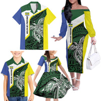 Personalised PNG Morobe Province Family Matching Off The Shoulder Long Sleeve Dress and Hawaiian Shirt Bird of Paradise Tattoo Flag Motif - Polynesian Pride
