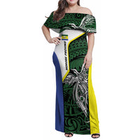 Personalised PNG Morobe Province Family Matching Off Shoulder Maxi Dress and Hawaiian Shirt Bird of Paradise Tattoo Flag Motif - Polynesian Pride