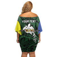 Personalised PNG Morobe Province Family Matching Off Shoulder Short Dress and Hawaiian Shirt Bird of Paradise Tattoo Flag Motif - Polynesian Pride