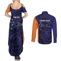 Personalised PNG New Ireland Couples Matching Summer Maxi Dress and Long Sleeve Button Shirt Bird of Paradise Tattoo Flag Motif - Polynesian Pride