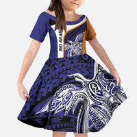 Personalised PNG New Ireland Kid Short Sleeve Dress Bird of Paradise Tattoo Flag Motif - Polynesian Pride