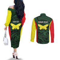 Personalised PNG Oro Province Couples Matching Off The Shoulder Long Sleeve Dress and Long Sleeve Button Shirt Bird of Paradise Tattoo Flag Motif LT9 - Polynesian Pride