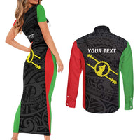 Personalised PNG Southern Highlands Province Couples Matching Short Sleeve Bodycon Dress and Long Sleeve Button Shirt Bird of Paradise Tattoo Flag Motif - Polynesian Pride
