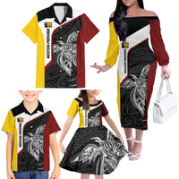 Personalised PNG Western Province Family Matching Off The Shoulder Long Sleeve Dress and Hawaiian Shirt Bird of Paradise Tattoo Flag Motif - Polynesian Pride