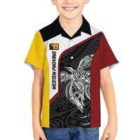 Personalised PNG Western Province Family Matching Off The Shoulder Long Sleeve Dress and Hawaiian Shirt Bird of Paradise Tattoo Flag Motif - Polynesian Pride