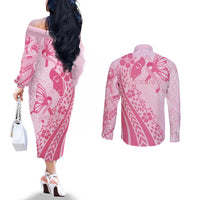 Pacific Girl and Butterfly Cancer Ribbon Personalised Couples Matching Off The Shoulder Long Sleeve Dress and Long Sleeve Button Shirt
