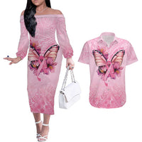 Faith Hope Love Butterfly Ribbon Personalised Couples Matching Off The Shoulder Long Sleeve Dress and Hawaiian Shirt