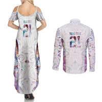 Custom New Zealand Aotearoa Couples Matching Summer Maxi Dress and Long Sleeve Button Shirt Pink Maori Paua Shell Indigenous - Polynesian Pride