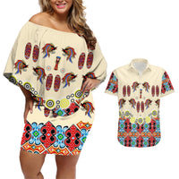 Papua Batik Motif Bird Of Paradise and Native Papuan Shield Couples Matching Off Shoulder Short Dress and Hawaiian Shirt LT9 Beige - Polynesian Pride