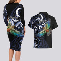 New Zealand Kea Bird Personalised Couples Matching Long Sleeve Bodycon Dress and Hawaiian Shirt Maori Tribal Koru Art