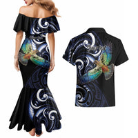 New Zealand Kea Bird Personalised Couples Matching Mermaid Dress and Hawaiian Shirt Maori Tribal Koru Art
