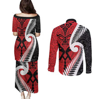 Silver Fern Koru Swirls with Maori Ta Moko Couples Matching Puletasi and Long Sleeve Button Shirt LT9 - Polynesian Pride