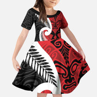 Silver Fern Koru Swirls with Maori Ta Moko Kid Short Sleeve Dress LT9 KID Red - Polynesian Pride