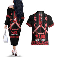 Toitu Te Tiriti Waitangi Couples Matching Off The Shoulder Long Sleeve Dress and Hawaiian Shirt Black Wharenui House - Polynesian Pride
