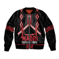 Toitu Te Tiriti Waitangi Sleeve Zip Bomber Jacket Black Wharenui House LT9 Unisex Black - Polynesian Pride