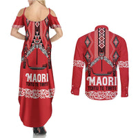 Toitu Te Tiriti Waitangi Couples Matching Summer Maxi Dress and Long Sleeve Button Shirt Red Wharenui House - Polynesian Pride