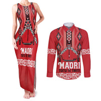 Toitu Te Tiriti Waitangi Couples Matching Tank Maxi Dress and Long Sleeve Button Shirt Red Wharenui House - Polynesian Pride