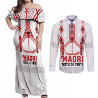 Toitu Te Tiriti Waitangi Couples Matching Off Shoulder Maxi Dress and Long Sleeve Button Shirt White Wharenui House - Polynesian Pride