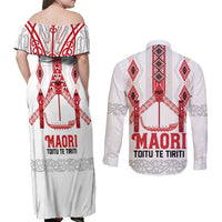 Toitu Te Tiriti Waitangi Couples Matching Off Shoulder Maxi Dress and Long Sleeve Button Shirt White Wharenui House - Polynesian Pride