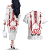 Toitu Te Tiriti Waitangi Couples Matching Off The Shoulder Long Sleeve Dress and Hawaiian Shirt White Wharenui House - Polynesian Pride