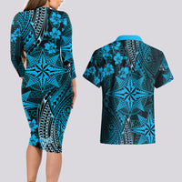 Vintage Tonga Tribal Ngatu Pattern Couples Matching Long Sleeve Bodycon Dress and Hawaiian Shirt With Pacific Floral Aqua Art