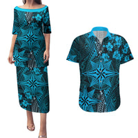 Vintage Tonga Tribal Ngatu Pattern Couples Matching Puletasi and Hawaiian Shirt With Pacific Floral Aqua Art