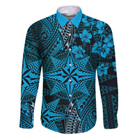 Vintage Tonga Tribal Ngatu Pattern Family Matching Off Shoulder Short Dress and Hawaiian Shirt With Pacific Floral Aqua Art