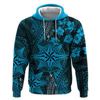 Vintage Tonga Tribal Ngatu Pattern Hoodie With Pacific Floral Aqua Art LT9 Pullover Hoodie Aqua - Polynesian Pride