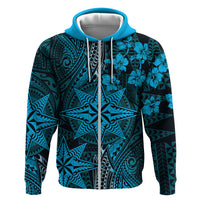 Vintage Tonga Tribal Ngatu Pattern Hoodie With Pacific Floral Aqua Art LT9 Zip Hoodie Aqua - Polynesian Pride