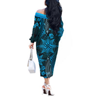 Vintage Tonga Tribal Ngatu Pattern Off The Shoulder Long Sleeve Dress With Pacific Floral Aqua Art
