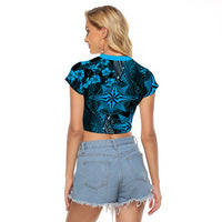 Vintage Tonga Tribal Ngatu Pattern Raglan Cropped T Shirt With Pacific Floral Aqua Art